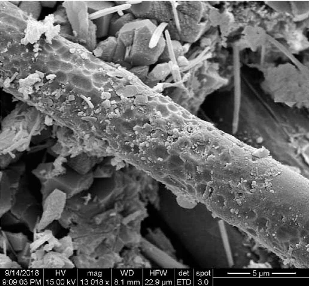 Микроструктура базальтового волокна, подверженного коррозии после эксплуатации в СФТК (увеличение 13000 крат)